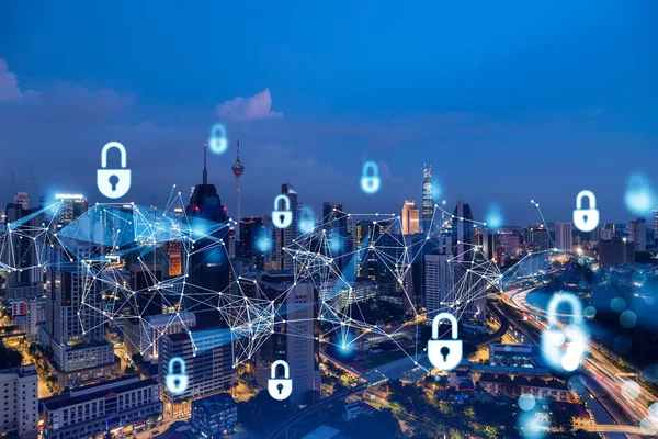 Glowing padlock hologram, night panoramic city view of Kuala Lumpur, Malaysia, Asia. The concept of cyber security shields to protect KL companies. Double exposure. — Stock Photo, Image