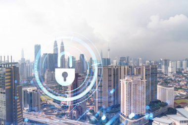 Ticareti, Malezya 'yı, Asya' yı korumak için Kuala Lumpur 'un panoramik şehir görüşü üzerine asma kilit simgelerinin hologramı. Bilgi güvenlik kalkanları kavramı. Çift pozlama.