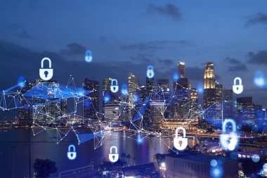 Parlayan Padlock hologramı, Singapur, Asya 'nın gece panoramik şehir manzarası. Şirketleri korumak için siber güvenlik kavramı. Çift pozlama.