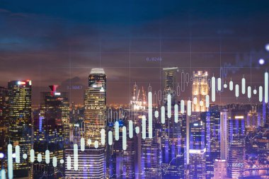 FOREX grafik hologramı, Asya 'daki borsa araştırmacıları için geliştirilmiş Singapur' un hava gece panoramik şehir manzarası. Temel analiz kavramı. Çift pozlama.