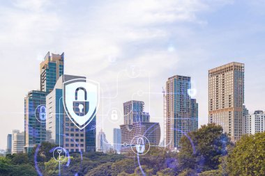 Güneydoğu Asya 'daki ticareti korumak için Panorama City manzaralı asma kilit hologramı. Bilgi güvenlik kalkanları kavramı. Çift pozlama.