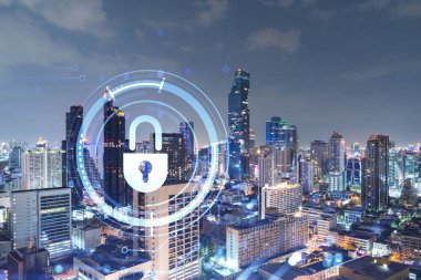 Parlayan Padlock hologramı, gece panoramik şehir görüntüsü Bangkok, Güneydoğu Asya. Şirketleri korumak için siber güvenlik kavramı. Çift pozlama.