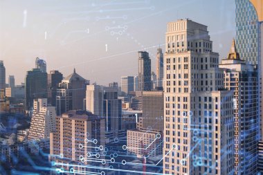 Parlak teknolojik süreç hologramı, gün batımında Bangkok 'un havadan panoramik manzarası. Güneydoğu Asya 'daki en büyük yenilikçi teknoloji merkezi. Çoklu pozlama.