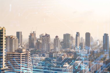 Panorama şehrinin Bangkok manzarası üzerinde teknoloji hologramı. Güneydoğu Asya 'nın en büyük teknoloji merkezi. Kodlama ve yüksek teknoloji geliştirme kavramı. Çift pozlama.