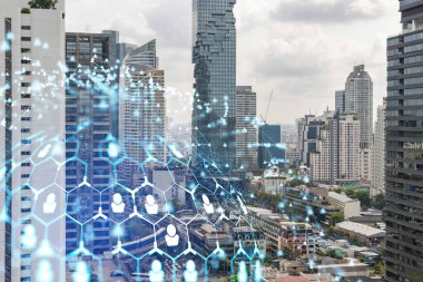 Sosyal medya, Bangkok, Güneydoğu Asya 'nın Panorama şehri manzarası üzerinde hologramı simgeliyor. Halkla ilişkiler, bağlantılar ve kariyer fırsatları kavramı. Çift pozlama.