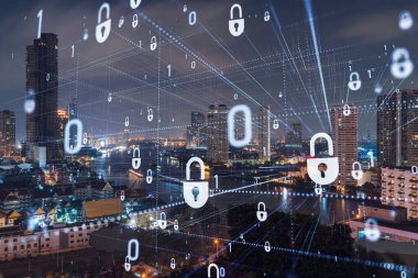Parlayan Padlock hologramı, gece panoramik şehir görüntüsü Bangkok, Güneydoğu Asya. Şirketleri korumak için siber güvenlik kavramı. Çift pozlama.