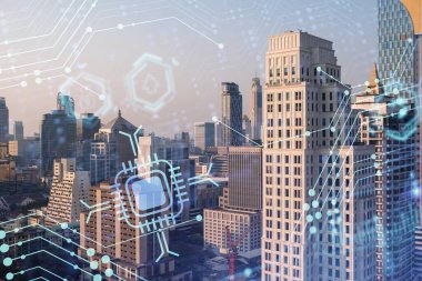 Parlak teknolojik süreç hologramı, gün batımında Bangkok 'un havadan panoramik manzarası. Güneydoğu Asya 'daki en büyük yenilikçi teknoloji merkezi. Çoklu pozlama.