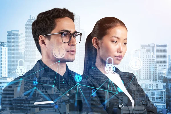 Two colleagues in multinational corporate team thinking about career opportunities at cybersecurity compliance division to protect clients confidential information. IT lock icons over Bangkok. — Stock Photo, Image