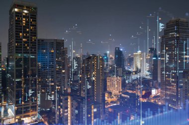 FOREX grafik hologramı, Bangkok 'un hava gece panoramik şehri, Güneydoğu Asya' daki borsa araştırmacıları için geliştirilmiş bir yer. Temel analiz kavramı. Çift pozlama.