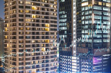 Borsa grafiği hologramı, Bangkok 'un gece manzarası, Güneydoğu Asya' da mali eğitim almak için popüler bir yer. Uluslararası araştırma kavramı. Çift pozlama.