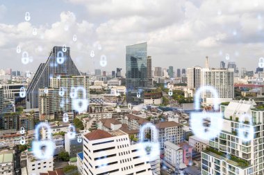 Güneydoğu Asya 'daki ticareti korumak için Panorama City manzaralı asma kilit hologramı. Bilgi güvenlik kalkanları kavramı. Çift pozlama.