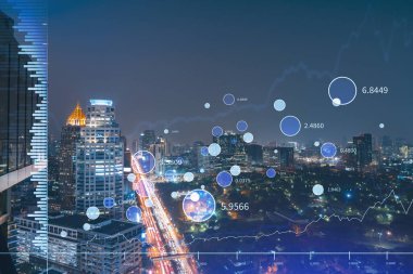 FOREX grafik hologramı, Bangkok 'un hava gece panoramik şehri, Güneydoğu Asya' daki borsa araştırmacıları için geliştirilmiş bir yer. Temel analiz kavramı. Çift pozlama.