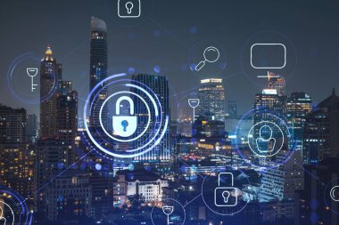 Parlayan Padlock hologramı, gece panoramik şehir görüntüsü Bangkok, Güneydoğu Asya. Şirketleri korumak için siber güvenlik kavramı. Çift pozlama.