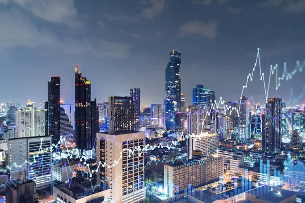 FOREX grafik hologramı, Bangkok 'un hava gece panoramik şehri, Güneydoğu Asya' daki borsa araştırmacıları için geliştirilmiş bir yer. Temel analiz kavramı. Çift pozlama.