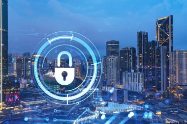 Parlak asma kilit hologramı, Kuala Lumpur, Malezya, Asya 'nın gece panoramik şehir manzarası. KL şirketlerini korumak için siber güvenlik kalkanları konsepti. Çift pozlama.