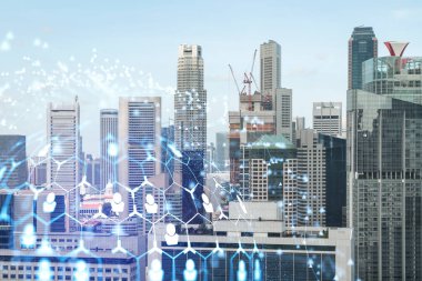 Sosyal medya hologramlarını Singapur, Asya 'nın Panorama şehri manzarasına yansıtıyor. Halkla ilişkiler, bağlantılar ve kariyer fırsatları kavramı. Çift pozlama.