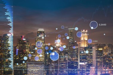 FOREX grafik hologramı, Asya 'daki borsa araştırmacıları için geliştirilmiş Singapur' un hava gece panoramik şehir manzarası. Temel analiz kavramı. Çift pozlama.