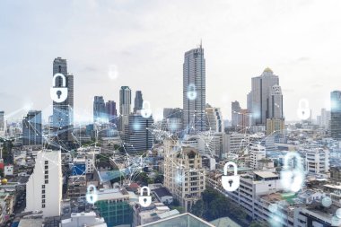 Güneydoğu Asya 'daki ticareti korumak için Panorama City manzaralı asma kilit hologramı. Bilgi güvenlik kalkanları kavramı. Çift pozlama.