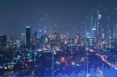 FOREX grafik hologramı, Bangkok 'un hava gece panoramik şehri, Güneydoğu Asya' daki borsa araştırmacıları için geliştirilmiş bir yer. Temel analiz kavramı. Çift pozlama.