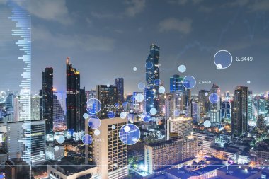 FOREX grafik hologramı, Bangkok 'un hava gece panoramik şehri, Güneydoğu Asya' daki borsa araştırmacıları için geliştirilmiş bir yer. Temel analiz kavramı. Çift pozlama.