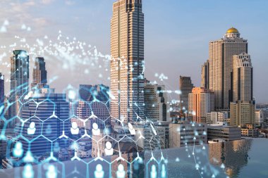 Bangkok, Güneydoğu Asya 'nın günbatımı panoramik şehri üzerine sosyal medya simgelerinin hologramı. İnsan ilişkileri ve kariyer fırsatları kavramı. Çoklu pozlama.