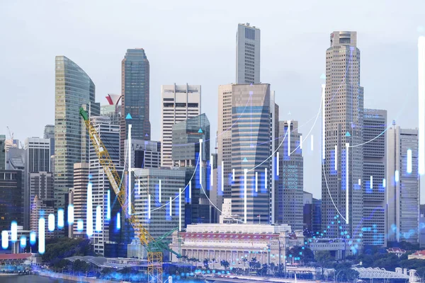 Wykres finansowy hologram nad panoramą miasta na Singapur, centrum biznesowe w Azji. Koncepcja transakcji międzynarodowych. Podwójna ekspozycja. — Zdjęcie stockowe