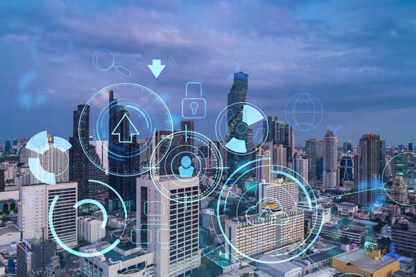 Glowing hologram of technological process, aerial panoramic cityscape of Bangkok at sunset. The largest innovative hub of tech services in Southeast Asia. Multi exposure.
