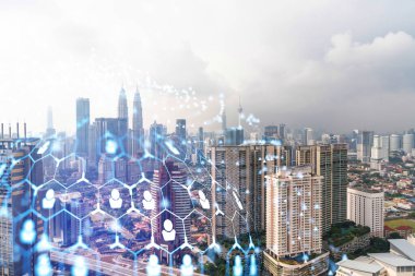 Sosyal medya, Kuala Lumpur, Malezya, Asya 'nın panorama şehri görüntüsü üzerine hologramı simgeliyor. Halkla ilişkiler, bağlantılar ve kariyer fırsatları kavramı. Çift pozlama.