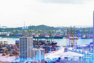Asya 'daki iş merkezi Singapur' un Panorama şehri manzarası üzerine finansal hisse senedi hologramı. Uluslararası işlem kavramı. Çift pozlama.