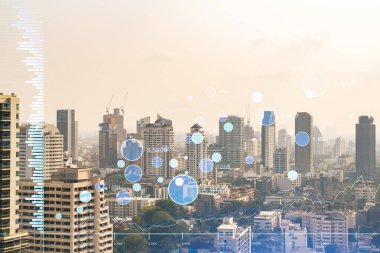 Güneydoğu Asya 'nın finans merkezi Bangkok' un Panorama şehri manzarası üzerinde eski ve borsa hologramı. Uluslararası ticaret kavramı. Çift pozlama.