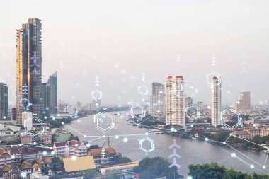 Panorama şehrinin Bangkok manzarası üzerinde teknoloji hologramı. Güneydoğu Asya 'nın en büyük teknoloji merkezi. Kodlama ve yüksek teknoloji geliştirme kavramı. Çift pozlama.