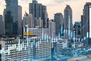 Işık saçan FOREX grafik hologramı, gün batımında Bangkok 'un panoramik şehir manzarası. Güneydoğu Asya 'da hisse ve tahvil ticareti. Fon yönetimi kavramı. Çift pozlama.