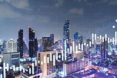 FOREX grafik hologramı, Bangkok 'un hava gece panoramik şehri, Güneydoğu Asya' daki borsa araştırmacıları için geliştirilmiş bir yer. Temel analiz kavramı. Çift pozlama.