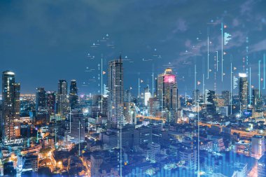 FOREX grafik hologramı, Bangkok 'un hava gece panoramik şehri, Güneydoğu Asya' daki borsa araştırmacıları için geliştirilmiş bir yer. Temel analiz kavramı. Çift pozlama.