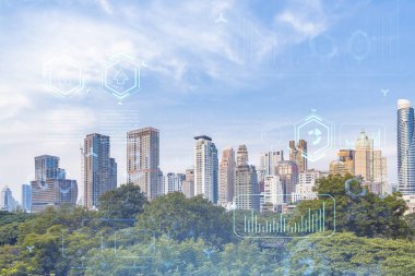Panorama şehrinin Bangkok manzarası üzerinde teknoloji hologramı. Güneydoğu Asya 'nın en büyük teknoloji merkezi. Kodlama ve yüksek teknoloji geliştirme kavramı. Çift pozlama.