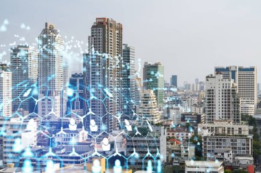 Sosyal medya, Bangkok, Güneydoğu Asya 'nın Panorama şehri manzarası üzerinde hologramı simgeliyor. Halkla ilişkiler, bağlantılar ve kariyer fırsatları kavramı. Çift pozlama.