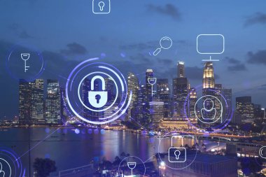 Parlayan Padlock hologramı, Singapur, Asya 'nın gece panoramik şehir manzarası. Şirketleri korumak için siber güvenlik kavramı. Çift pozlama.