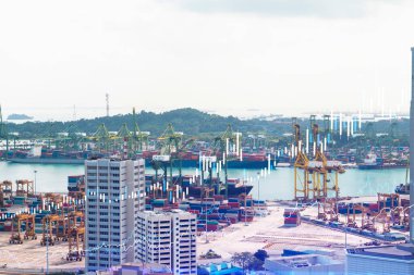 Asya 'daki iş merkezi Singapur' un Panorama şehri manzarası üzerine finansal hisse senedi hologramı. Uluslararası işlem kavramı. Çift pozlama.
