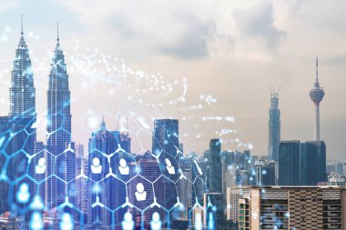 Sosyal medya, Kuala Lumpur, Malezya, Asya 'nın panorama şehri görüntüsü üzerine hologramı simgeliyor. Halkla ilişkiler, bağlantılar ve kariyer fırsatları kavramı. Çift pozlama.