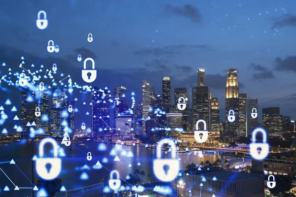 Parlayan Padlock hologramı, Singapur, Asya 'nın gece panoramik şehir manzarası. Şirketleri korumak için siber güvenlik kavramı. Çift pozlama.