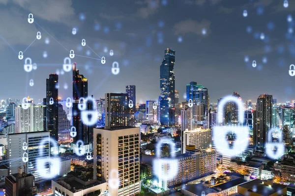 Parlayan Padlock hologramı, gece panoramik şehir görüntüsü Bangkok, Güneydoğu Asya. Şirketleri korumak için siber güvenlik kavramı. Çift pozlama.