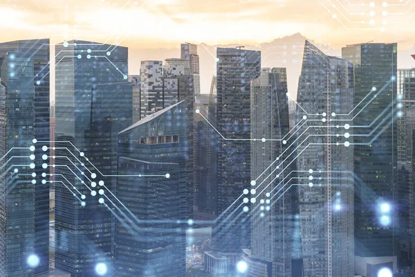 Parlak teknolojik süreç hologramı, günbatımında Singapur 'un panoramik şehir manzarası. Güneydoğu Asya 'daki en büyük yenilikçi teknoloji merkezi. Çoklu pozlama.