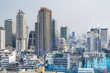 Güneydoğu Asya 'daki iş merkezi Bangkok' un Panorama şehri manzarası üzerine finansal hisse senedi hologramı. Uluslararası işlem kavramı. Çift pozlama.