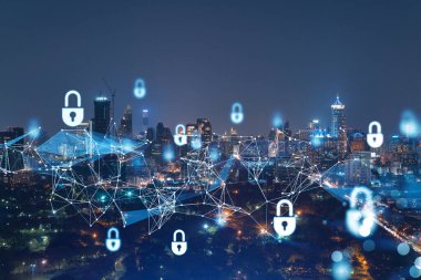 Parlayan Padlock hologramı, gece panoramik şehir görüntüsü Bangkok, Güneydoğu Asya. Şirketleri korumak için siber güvenlik kavramı. Çift pozlama.