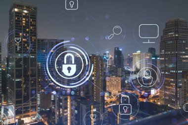 Parlayan Padlock hologramı, gece panoramik şehir görüntüsü Bangkok, Güneydoğu Asya. Şirketleri korumak için siber güvenlik kavramı. Çift pozlama.