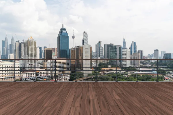 Panoramic Kuala Lumpur skyline view, wooden observatory deck on rooftop, daytime. Asian corporate and residential lifestyle. Financial city downtown, real estate. Product display mockup empty roof — Stock Photo, Image