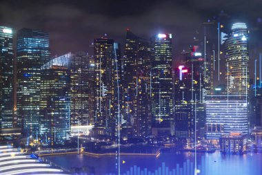 Borsa hologramı, Singapur 'un gece manzarası, Asya' da finansal eğitim almak için popüler bir yer. Uluslararası araştırma kavramı. Çift pozlama.