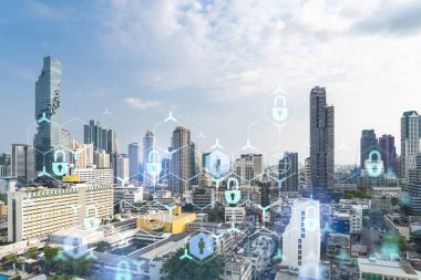 Güneydoğu Asya 'daki ticareti korumak için Panorama City manzaralı asma kilit hologramı. Bilgi güvenlik kalkanları kavramı. Çift pozlama.