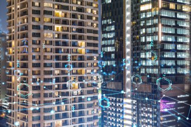 Bilgi akışı hologramı, Bangkok 'un gece manzarası. Güneydoğu Asya 'nın en büyük teknoloji merkezi. Bilimi programlama kavramı. Çift pozlama.