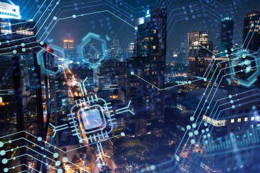 Bilgi akışı hologramı, Bangkok 'un gece manzarası. Güneydoğu Asya 'nın en büyük teknoloji merkezi. Bilimi programlama kavramı. Çift pozlama.